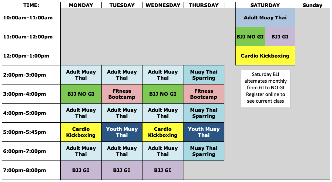 RMT Rad Muay Thai, BJJ, Cardio Kickboxing, Fitness Class Schedule IMAGE